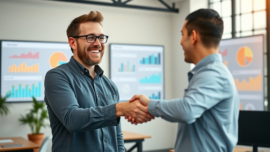 optimistic entrepreneur shaking hands with a digital marketing consultant - small business success with keir anderson digital marketing expert