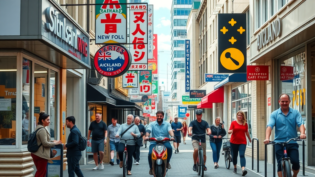 local business visibility nz thriving small businesses in Auckland, inviting storefronts, cheerful shop owners with customers, local signage, daylight, Auckland landscape