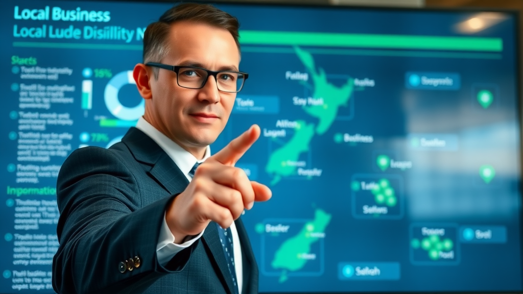infographic showing local business visibility NZ, highlighted New Zealand map, businessperson, key towns and clusters, digital display