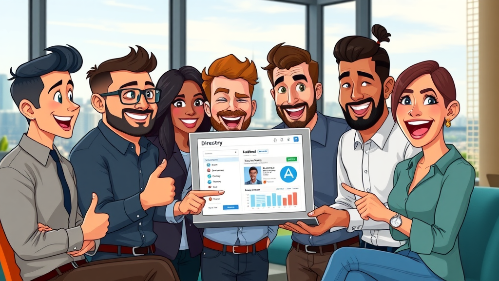 business directory Auckland, diverse NZ entrepreneurs reviewing online listing, coworking office, Auckland skyline