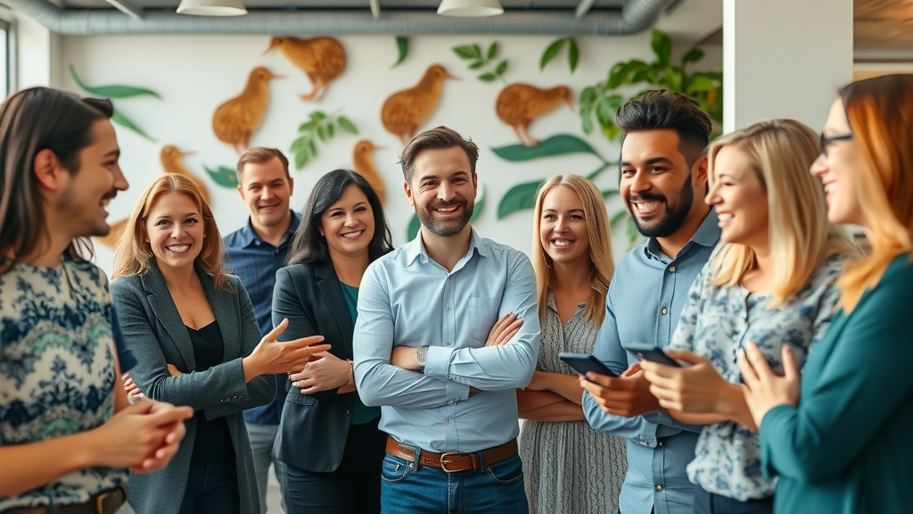 Dynamic entrepreneurial scene in New Zealand, diverse group of business owners, confident expressions, networking and collaborating in a modern coworking space with Kiwi motifs and natural elements, vibrant business activity