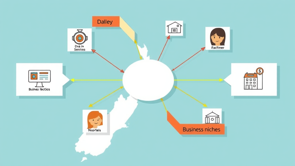 Modern infographic-style illustration showing interconnected arrows pointing to different business niches on a map of New Zealand, optimistic, bold colors, business icons