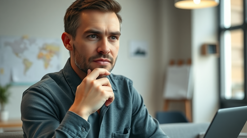 Focused Kiwi entrepreneur planning a new business, thoughtful expression in a contemporary small office with notes and digital devices