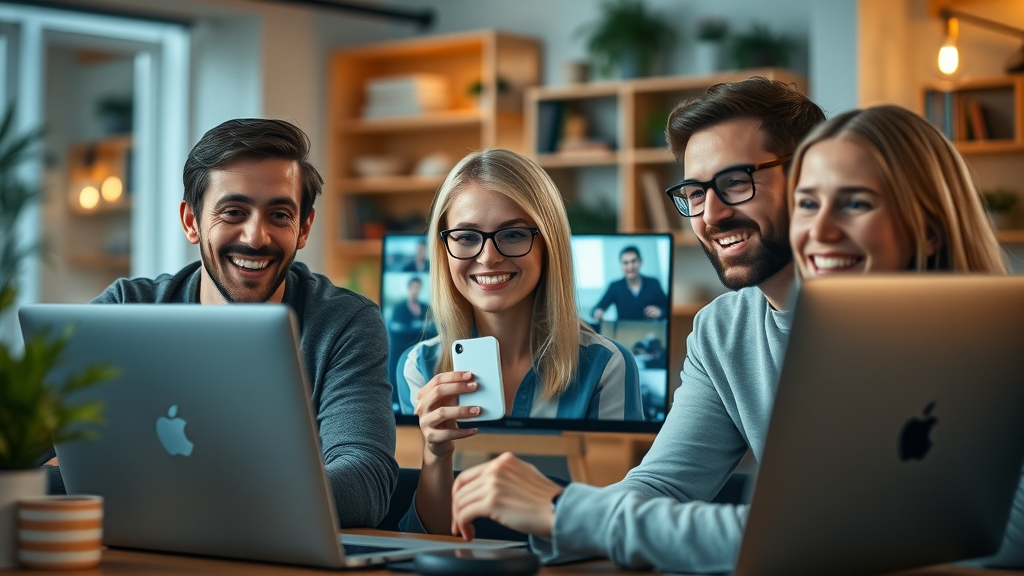 Remote team collaborating online, video conferencing, home and café backgrounds blending, digital screens glowing