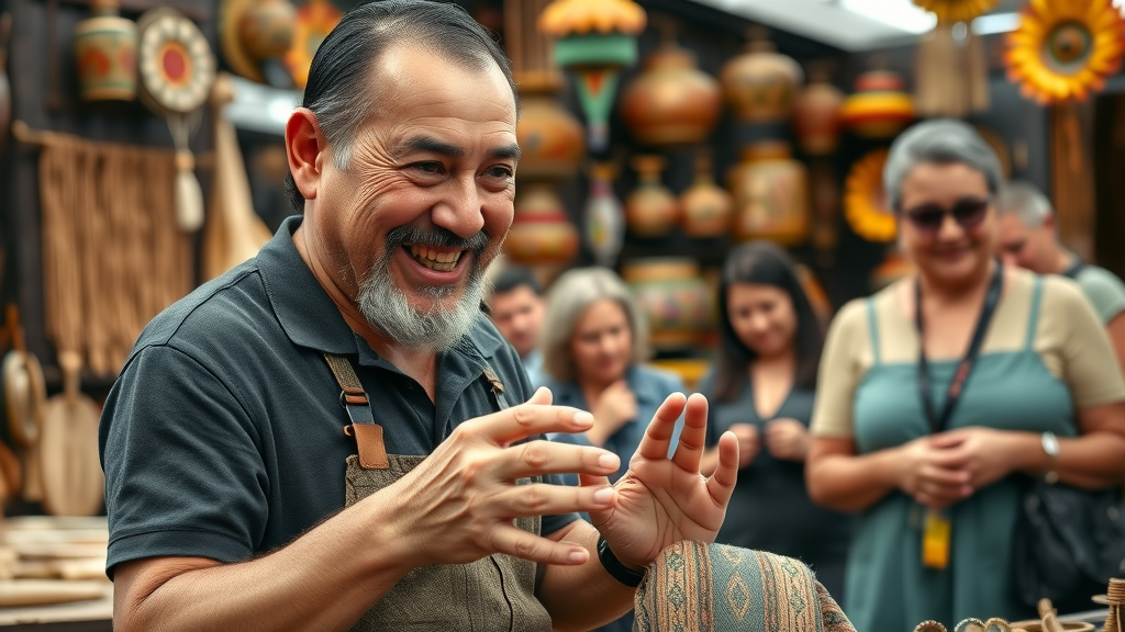 Proud Māori artisan demonstrating traditional craft to tourists, artisan marketplace with vibrant cultural decor