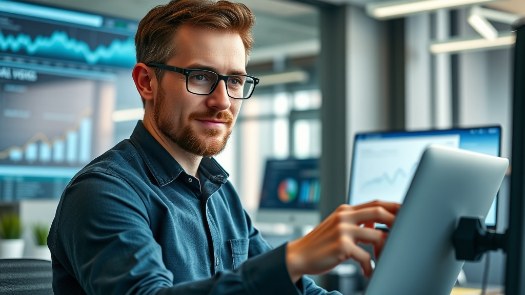 Digital marketer analyzing campaign metrics, reviewing data in a modern Auckland office with screens showing analytics