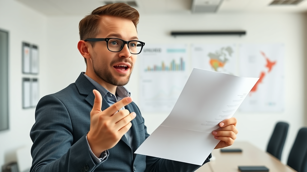 Ambitious startup founder presenting business plan, gesturing enthusiastically in a bright boardroom with NZ map and charts in background