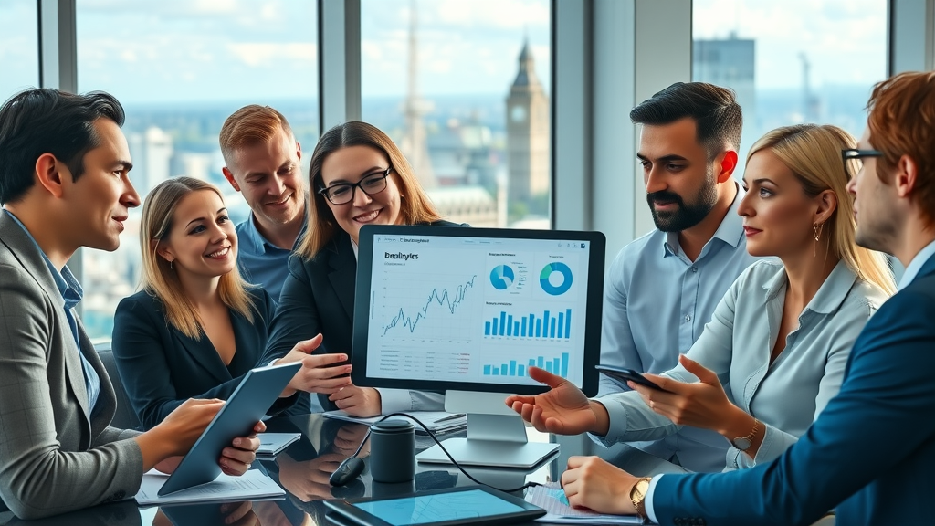 Vibrant business meeting scene highlighting social media marketing for london businesses in a modern office with London skyline and analytics on screens