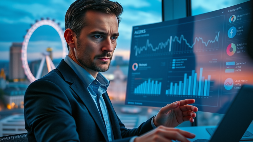 Dynamic digital marketing dashboard with a London business owner analyzing social media analytics, London Eye in background