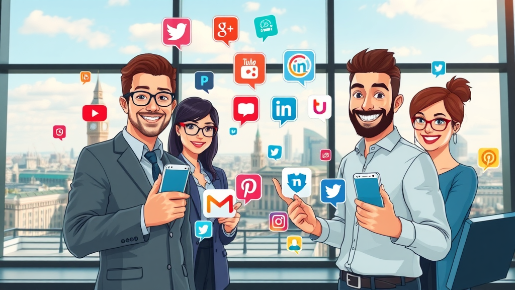 Creative selection of social media icons with London skyline and business professionals choosing platforms for social media marketing for london businesses