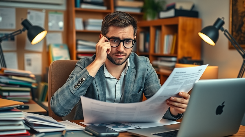 Overwhelmed small business owner juggling social media devices and paperwork while struggling with media marketing tasks
