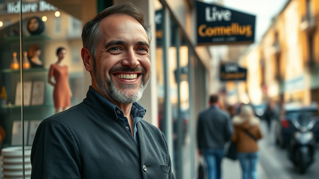Happy London shop owner celebrating increased footfall due to social media marketing for london businesses in boutique storefront