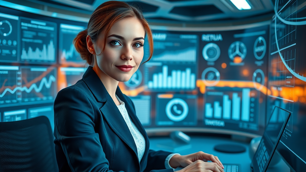 Futuristic automation dashboard showing a London businesswoman managing social media campaigns for London businesses with AI tools