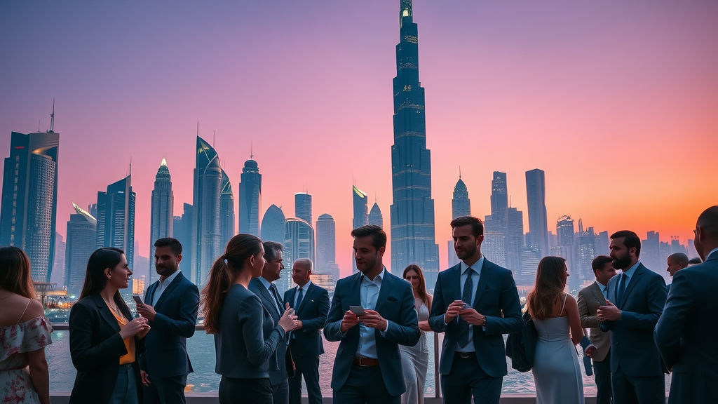 GITEX Dubai venture networking event with entrepreneurs at dusk in city skyline