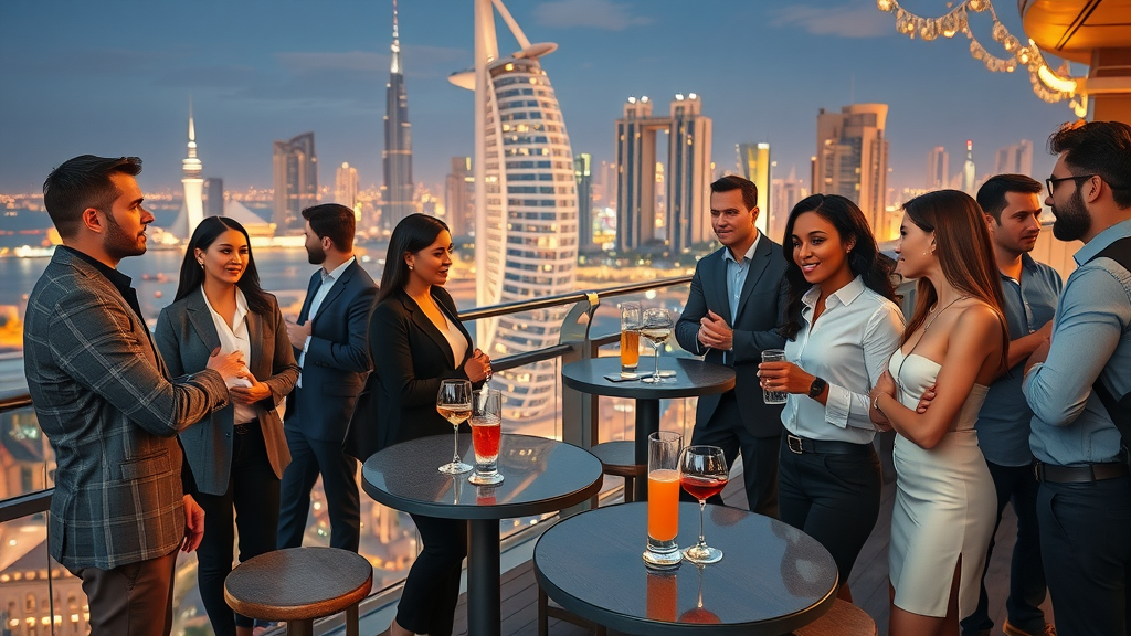 Diverse professionals networking at GITEX Dubai venture networking event terrace