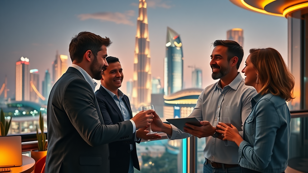 GITEX Dubai venture networking event handshake with downtown skyline at dusk