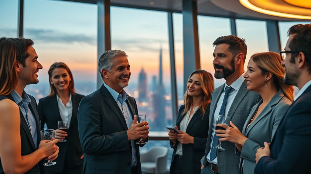 Elegant networking at GITEX Dubai venture event inside modern venue with city view