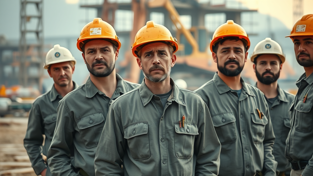 Weary construction workers at a busy construction site, visibly slowing down, with heavy equipment and unfinished structures in the background | why fatigue management is critical for construction profitability