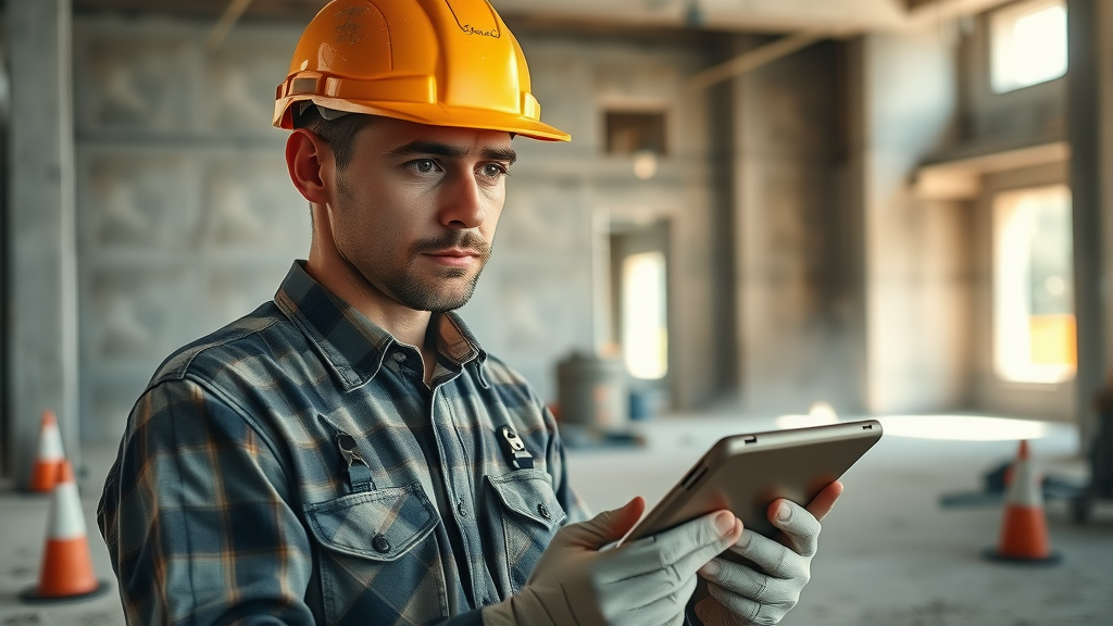 Focused, slightly tired construction worker checking a digital schedule at a dusty job site | fatigue in construction