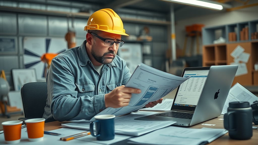 Frustrated site supervisor reviewing blueprints and financial documents in a cluttered construction office | fatigue management failures