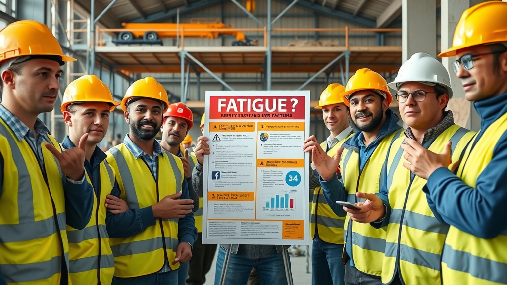 Diverse construction workers in high-visibility vests discussing fatigue risk factors at a semi-built site