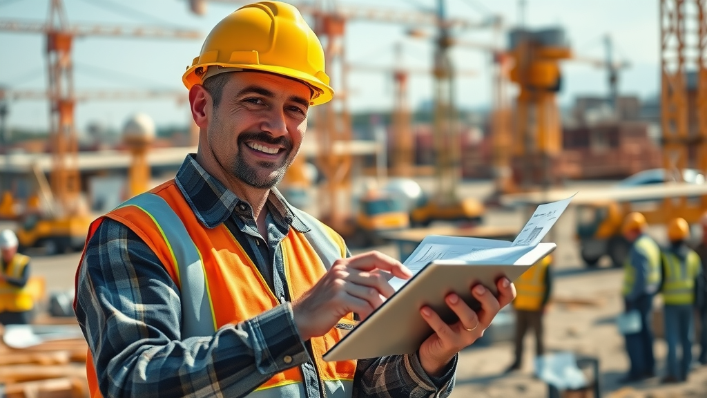 Construction site manager confidently checking worker shift analytics on a digital tablet at an active, organized site