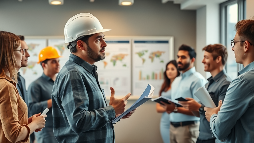 Construction company leader motivating a group of attentive workers in a meeting room with project charts in the background