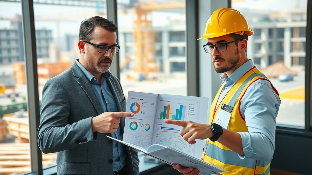 HR manager and site foreman collaborating over safety planning charts and dashboards in a site office, window view of a live construction zone