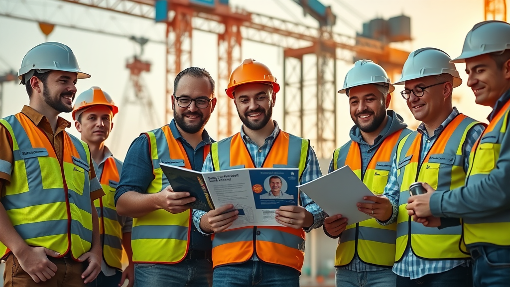Group of construction workers reviewing wellness program materials, showing how health &amp; wellness benefits attract top construction talent