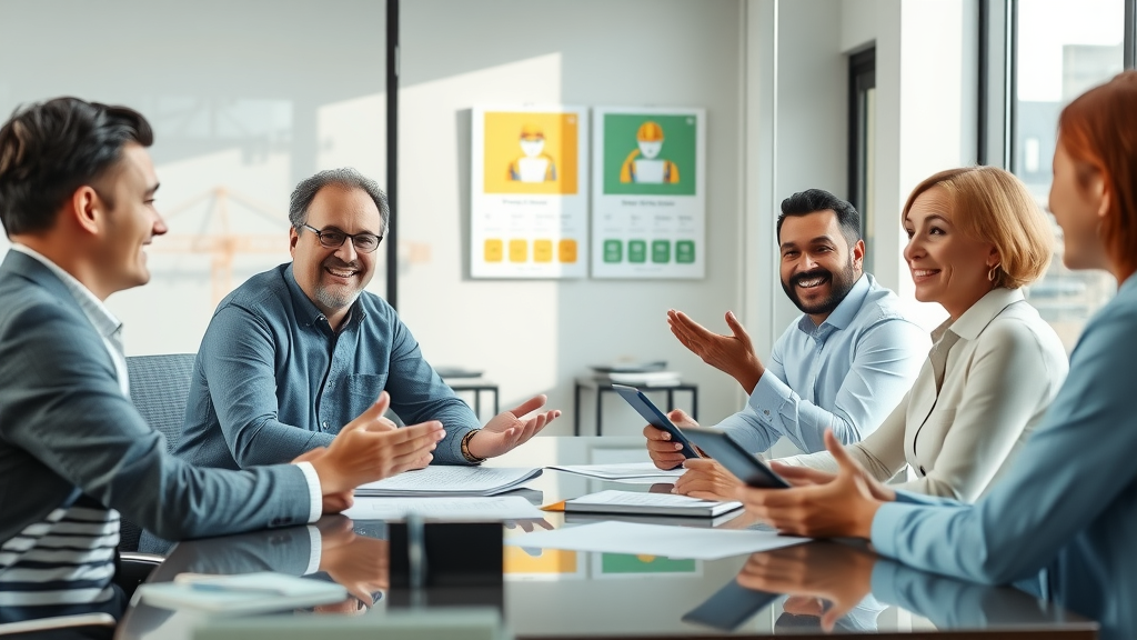 HR manager discussing employee benefit packages with construction job candidates, showing how attractive benefits help attract and retain top talent