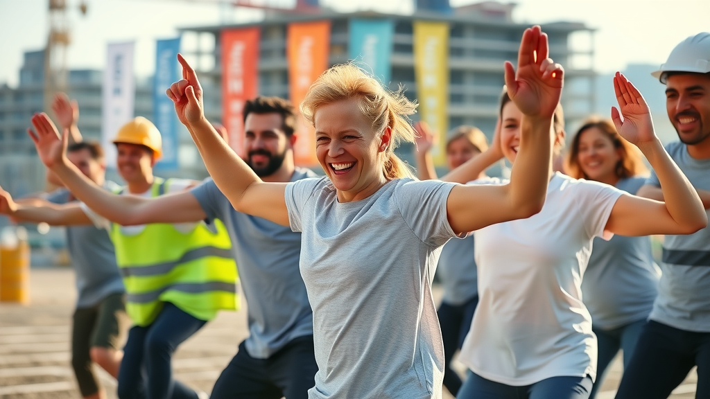 Construction team in a wellness fitness class, illustrating how employee health and wellness programs attract and retain top talent
