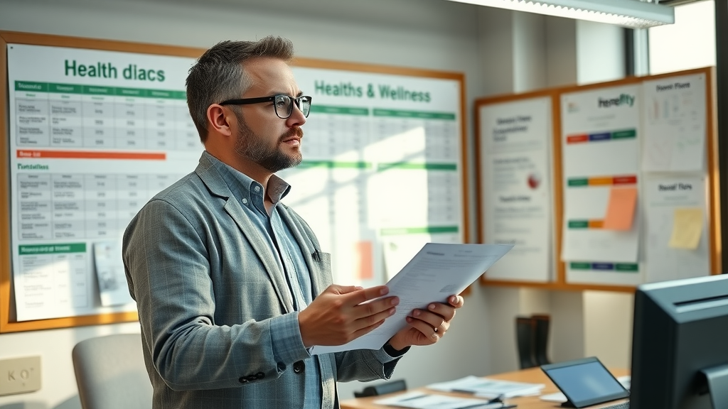 HR benefits specialist reviewing health insurance and wellness program options for construction workers