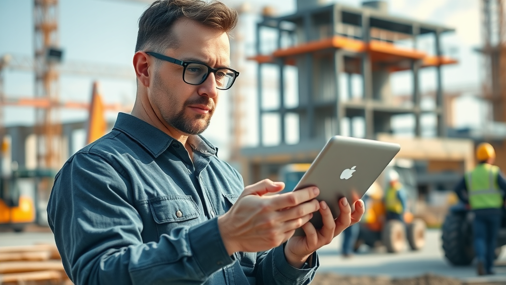 Construction supervisor using digital health analytics to manage wellness programs, highlighting employee benefits innovation in construction companies