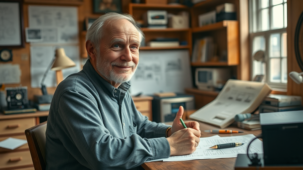 Distinguished portrait of Seymour Cray at his drafting table, sketching computer designs in his 1970s home workshop in Chippewa Falls — photorealistic, organized workspace, classic blues and wood textures, soft window daylight. remembering seymour cray on his 100th birthday