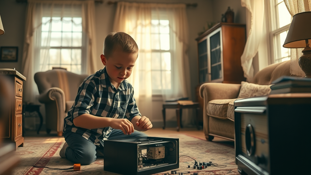 Young Seymour Cray assembling a radio in a 1930s Chippewa Falls living room—photorealistic, vintage furnishings, sunlight streaming in, sepia pastel tones.