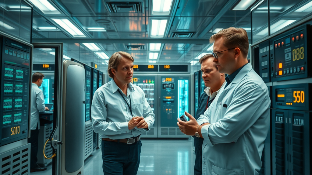 Engineers collaborating in a high-tech 1970s lab with the Cray-1 supercomputer, rounded computer modules, and dynamic energy—photorealistic, chrome gray and teal tones, overhead fluorescent lighting.