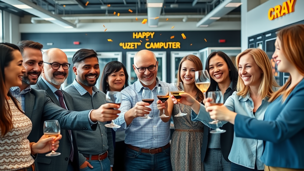 Festive tech community event—men and women celebrating Seymour Cray’s 100th in a modern office with supercomputer displays, Cray memorabilia, and confetti—photorealistic, vibrant blues, oranges, silvers.