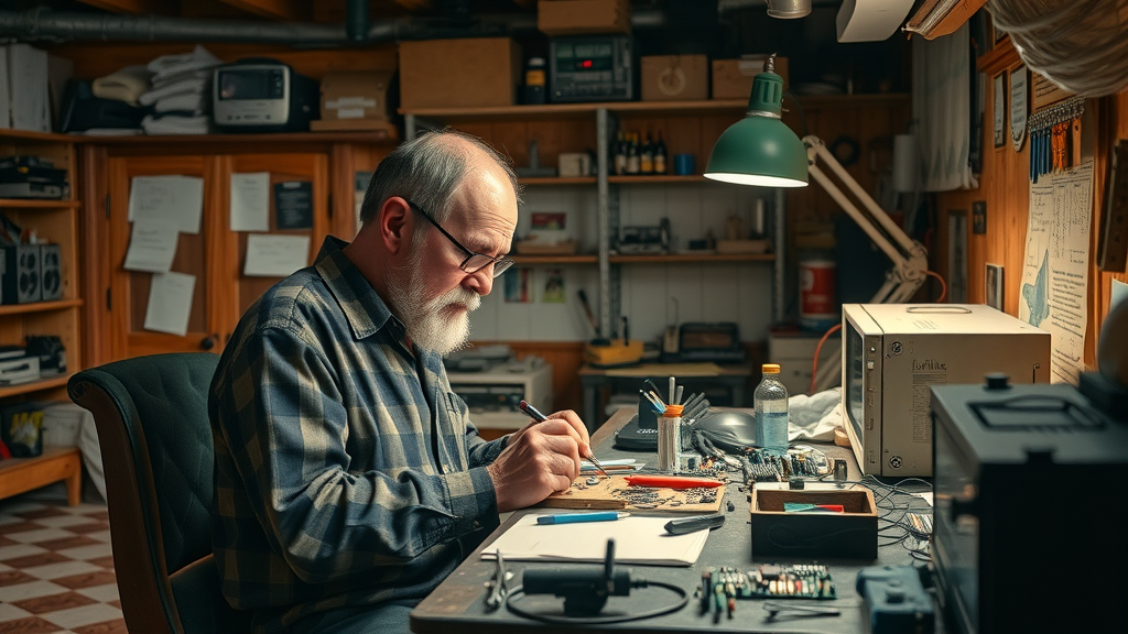 Seymour Cray focused in his basement workshop—wood-paneled, cluttered with computer parts, handwritten notes, and glowing task lamp—photorealistic, warm browns and muted blues.