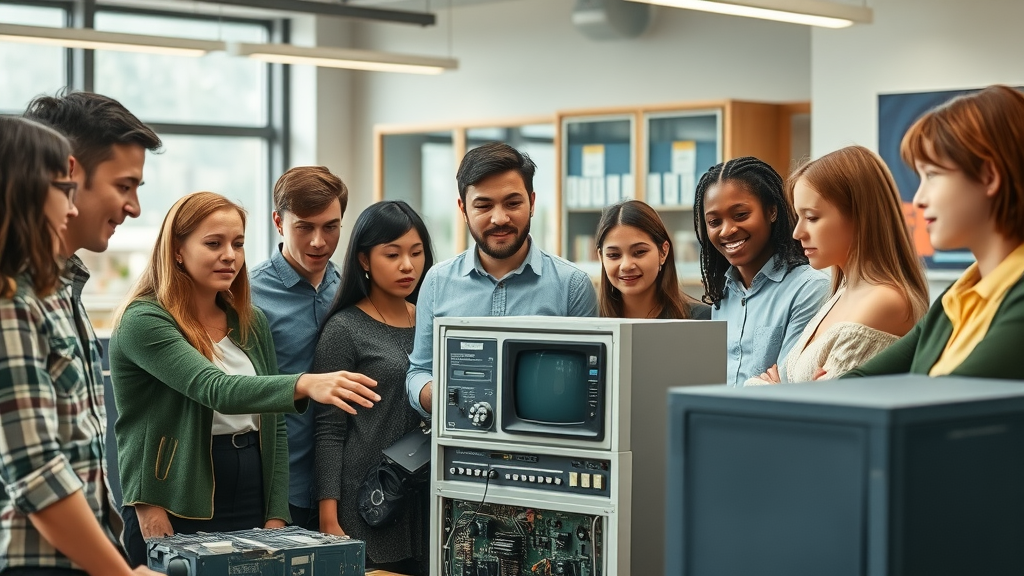 Students and instructor gathered around a vintage supercomputer module in a modern educational lab—photorealistic, bright natural light, classic computer blue accents.