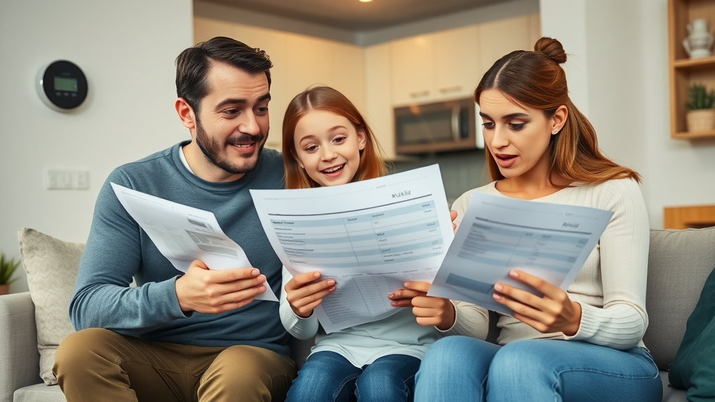 Family reviewing high home energy bills in modern living room with energy-efficient upgrades