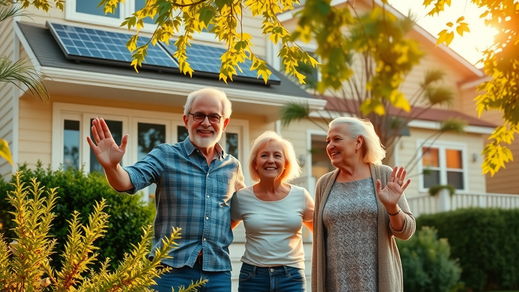 Modern energy-efficient home with solar panels, new windows, and residents enjoying comfort