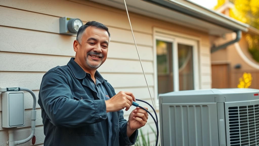 Technician installing a heat pump for energy-efficient home heating and cooling