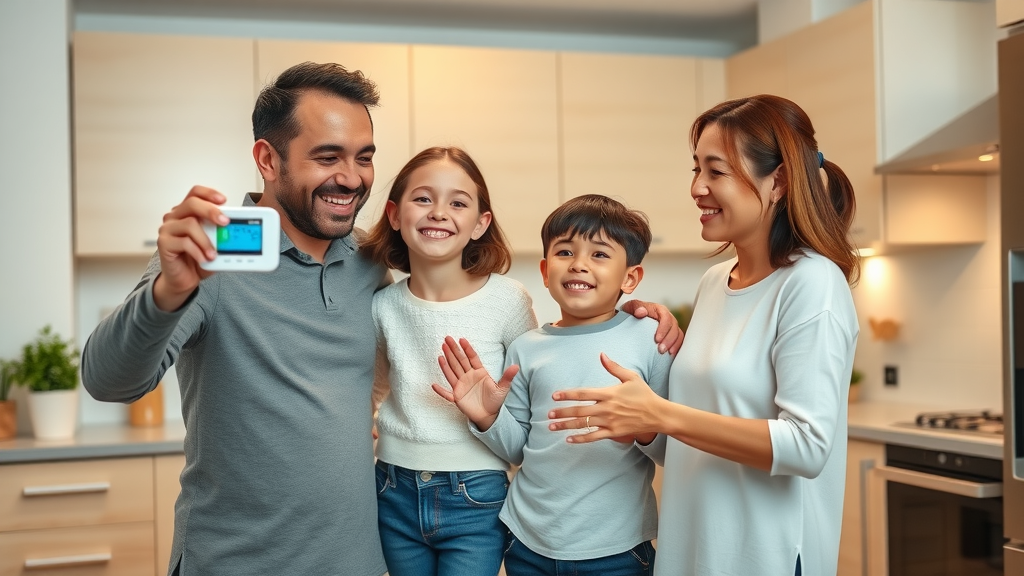 Happy family enjoying energy-efficient home with smart thermostat and eco-friendly appliances