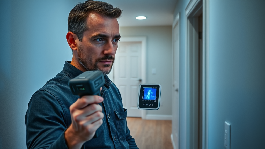 Professional performing a home energy audit with thermal imaging camera