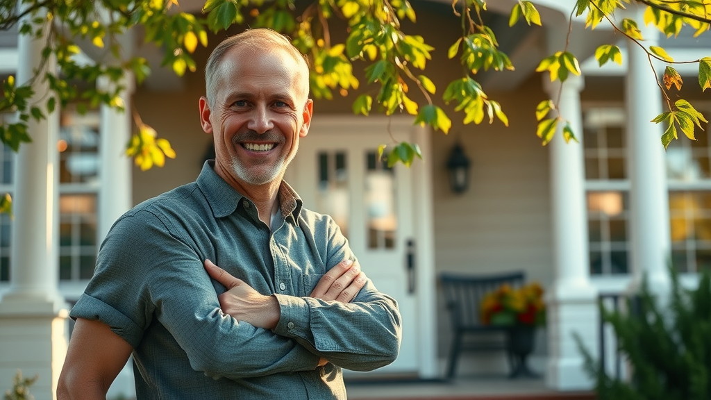Motivated homeowner standing confidently at energy-efficient home with modern upgrades