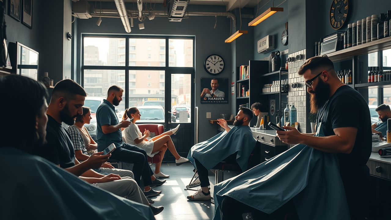 modern urban barber shop interior with barber styliest and fintech solutions, clients engaged with mobile devices, cityscape through windows