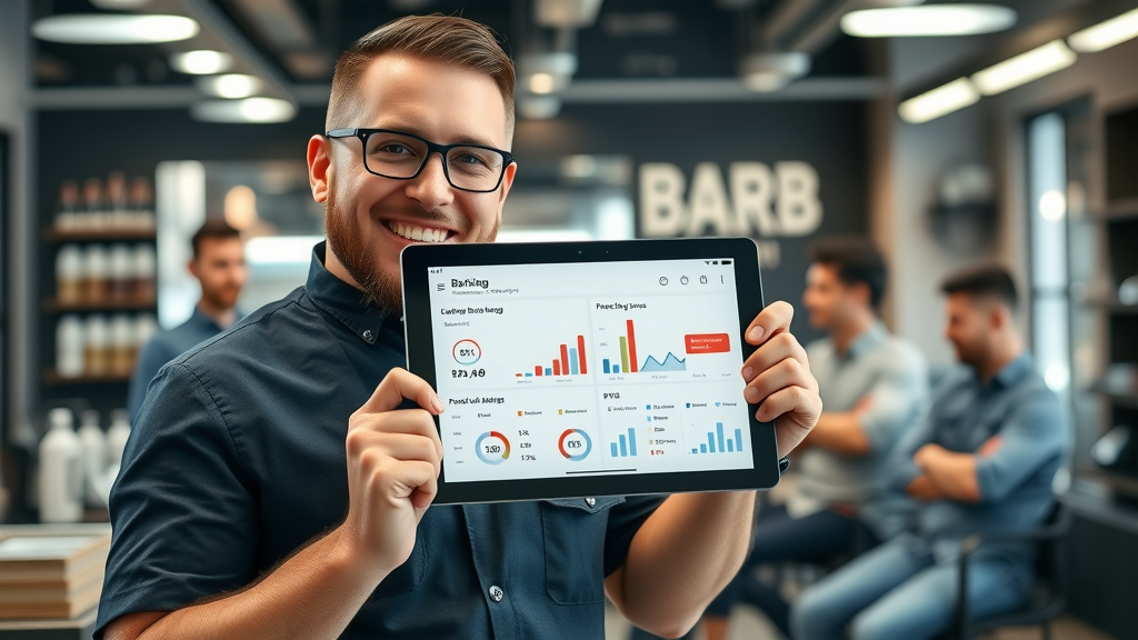 confident barber with digital tablet showing fintech dashboard, successful barber shop using Squire Technologies