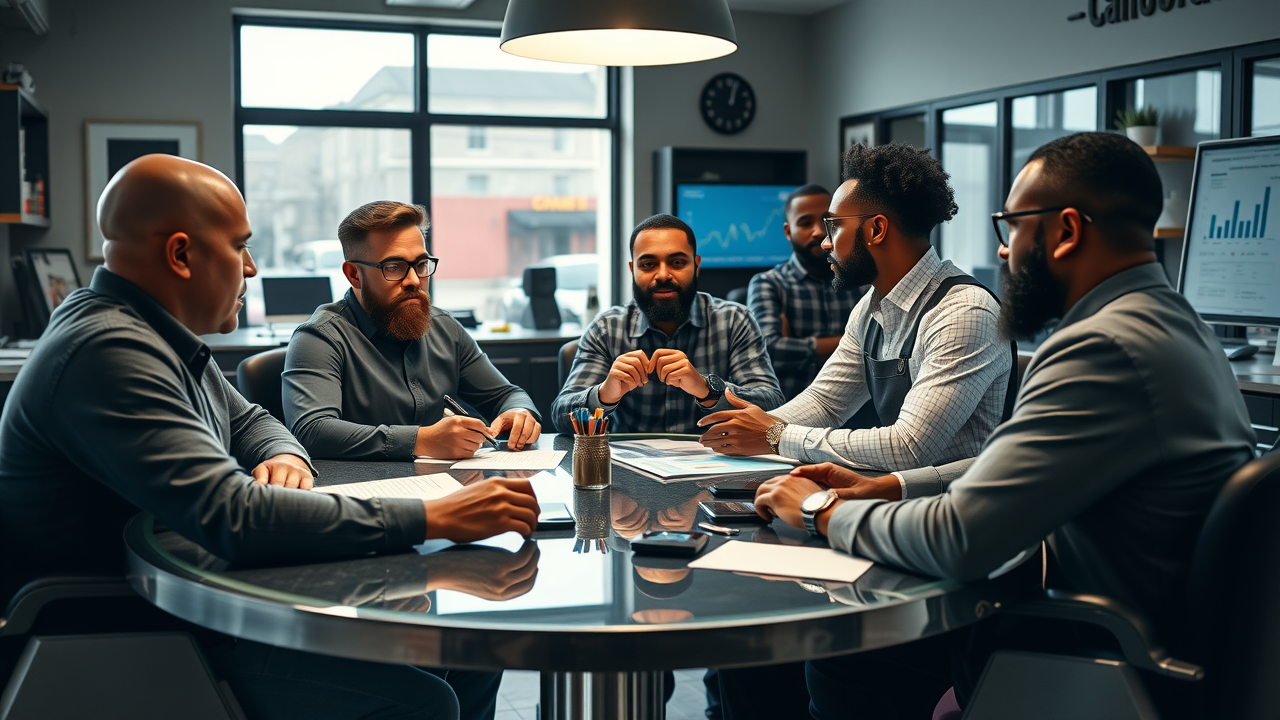 barber styliest and fintech specialists discussing digital business strategies at a round table in a modern barber shop